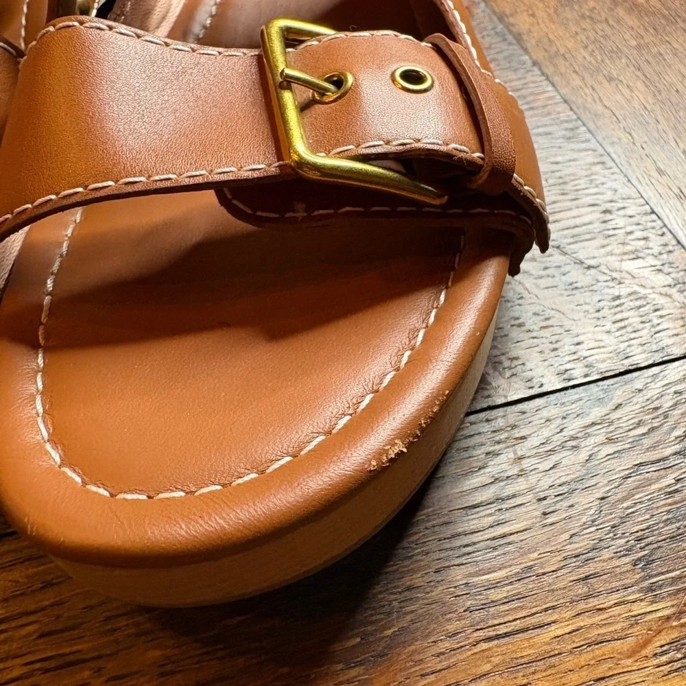 J. Crew- Leather Double Buckle-Strap Sandals in Color Rich Oak. Size 10.5